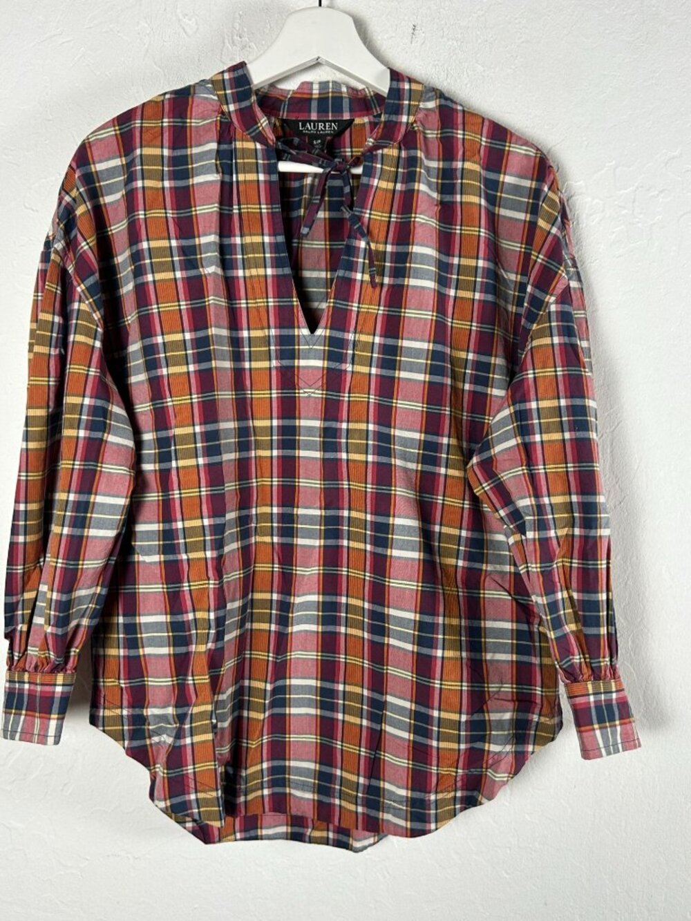 Lauren Ralph Lauren Women's V-Neck Tie Neck Plaid Blouse Small Long Sleeve NWOT